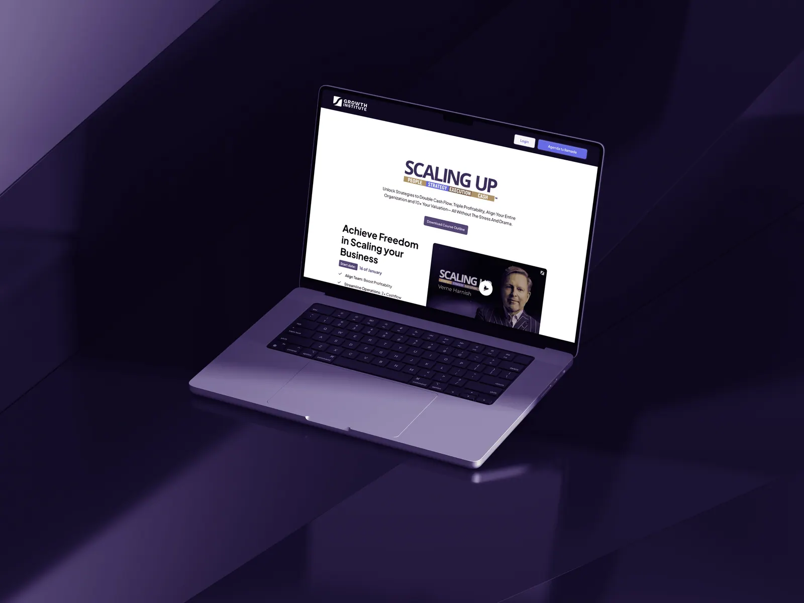 Laptop abierta con una página de Growth Institute sobre escalar un negocio, con video.