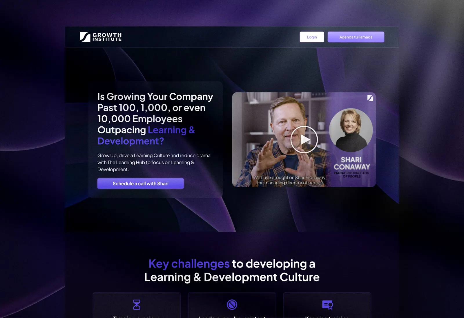 Portada del sitio web de Growth Institute sobre fondo morado, con video y botón para agendar una llamada.