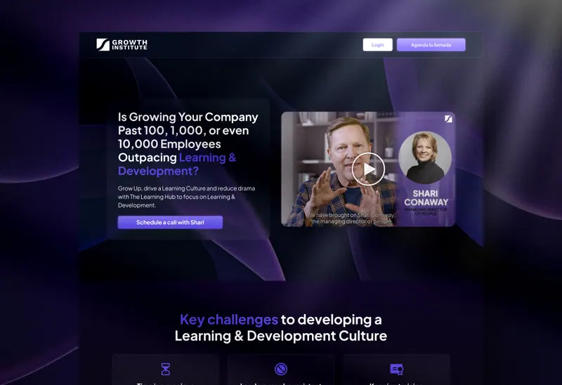 Portada del sitio web de Growth Institute sobre fondo morado, con video y botón para agendar una llamada.