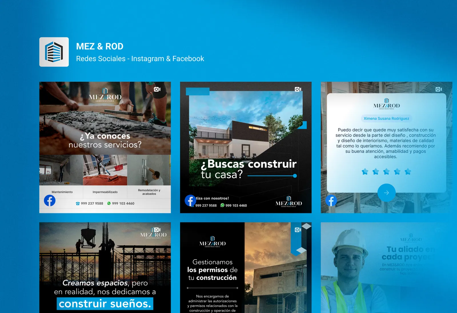 Publicaciones de redes sociales de MEZ & ROD sobre construcción, permisos y servicios.