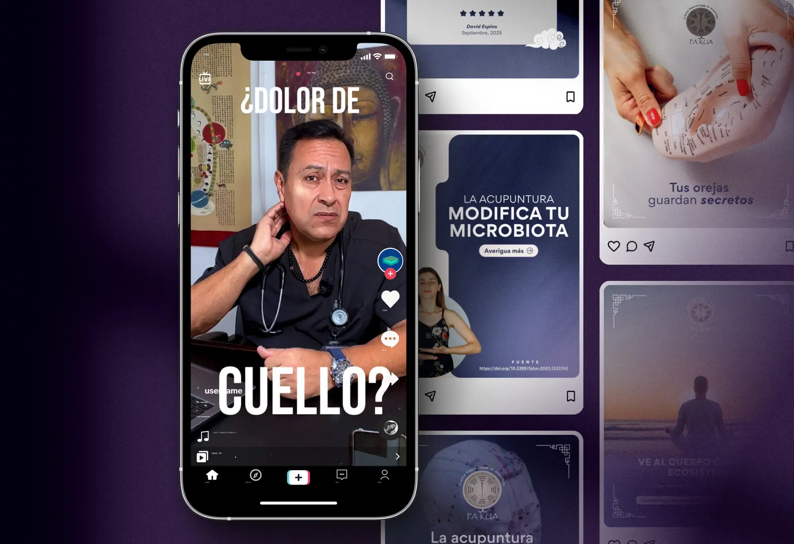 Teléfono mostrando un video de un especialista en acupuntura, rodeado de publicaciones de Instagram de Pa Kua.