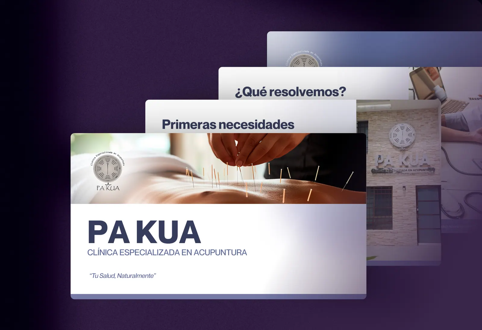 Presentación de Pa Kua, clínica especializada en acupuntura, con fotografía de agujas y la fachada de la clínica.