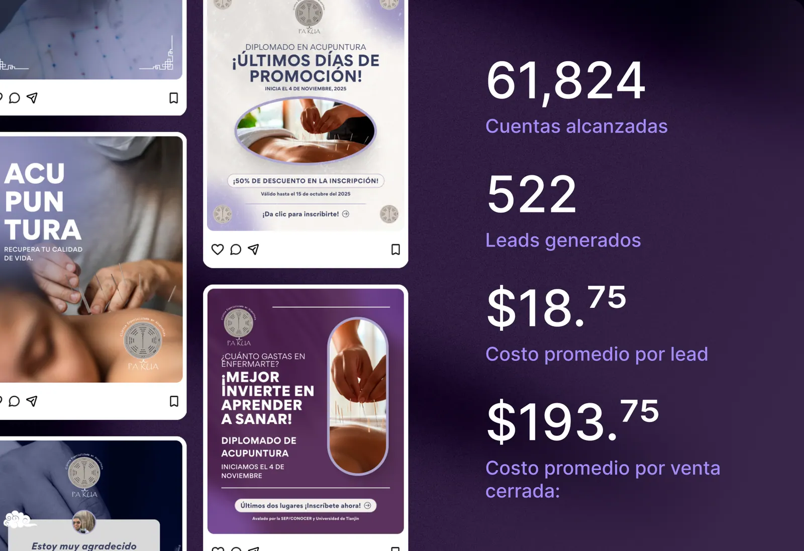 Métricas de la campaña de Pa Kua (61,824 cuentas alcanzadas y 522 leads) junto a publicaciones para redes sociales.