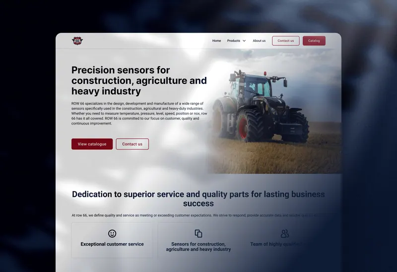 Portada del sitio web de ROW 66 con un tractor y el título sobre sensores de precisión para construcción, agricultura e industria pesada.