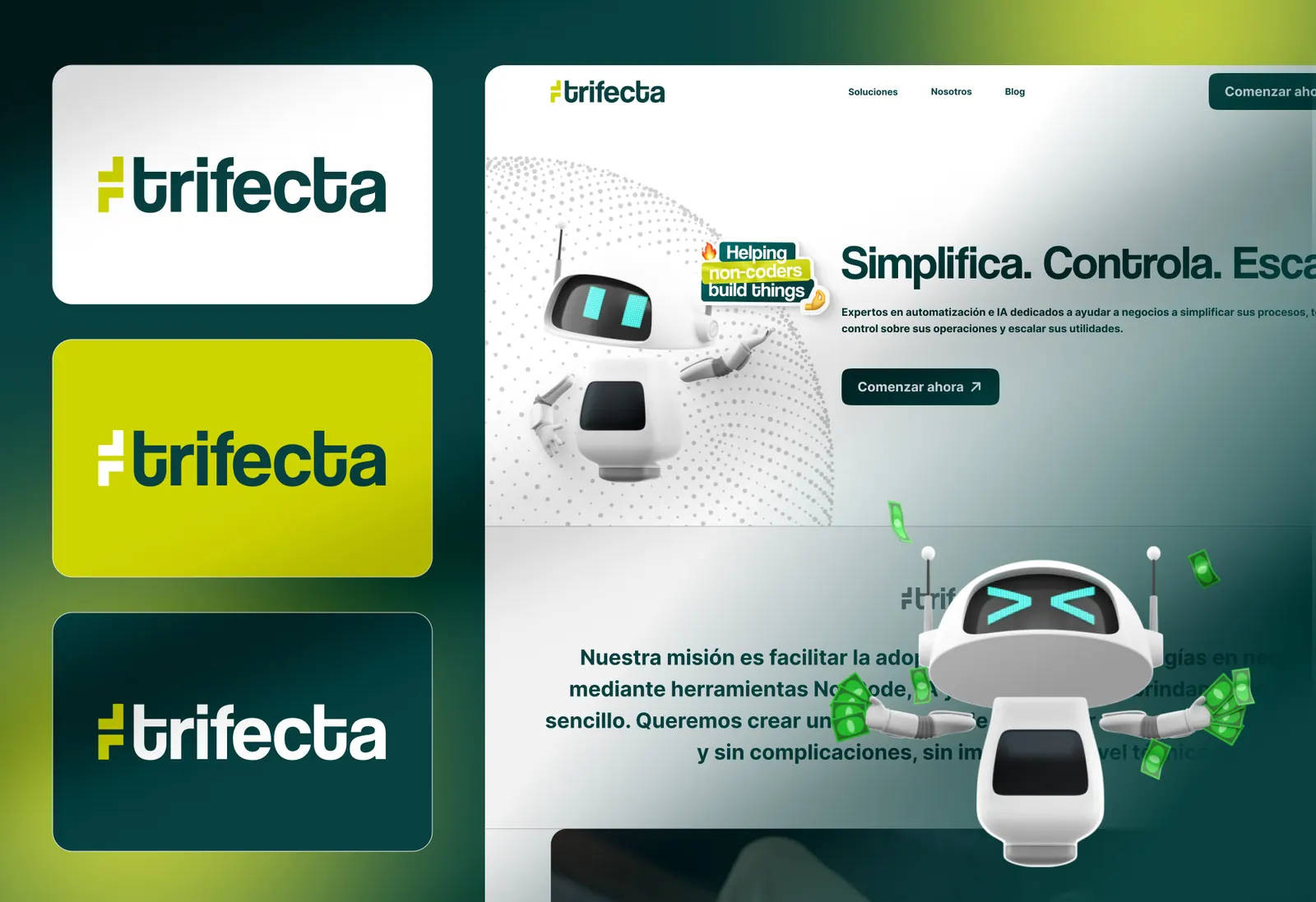 Logotipo de Trifecta en versiones blanca, lima y verde oscuro junto al sitio web con un robot 3D como mascota.