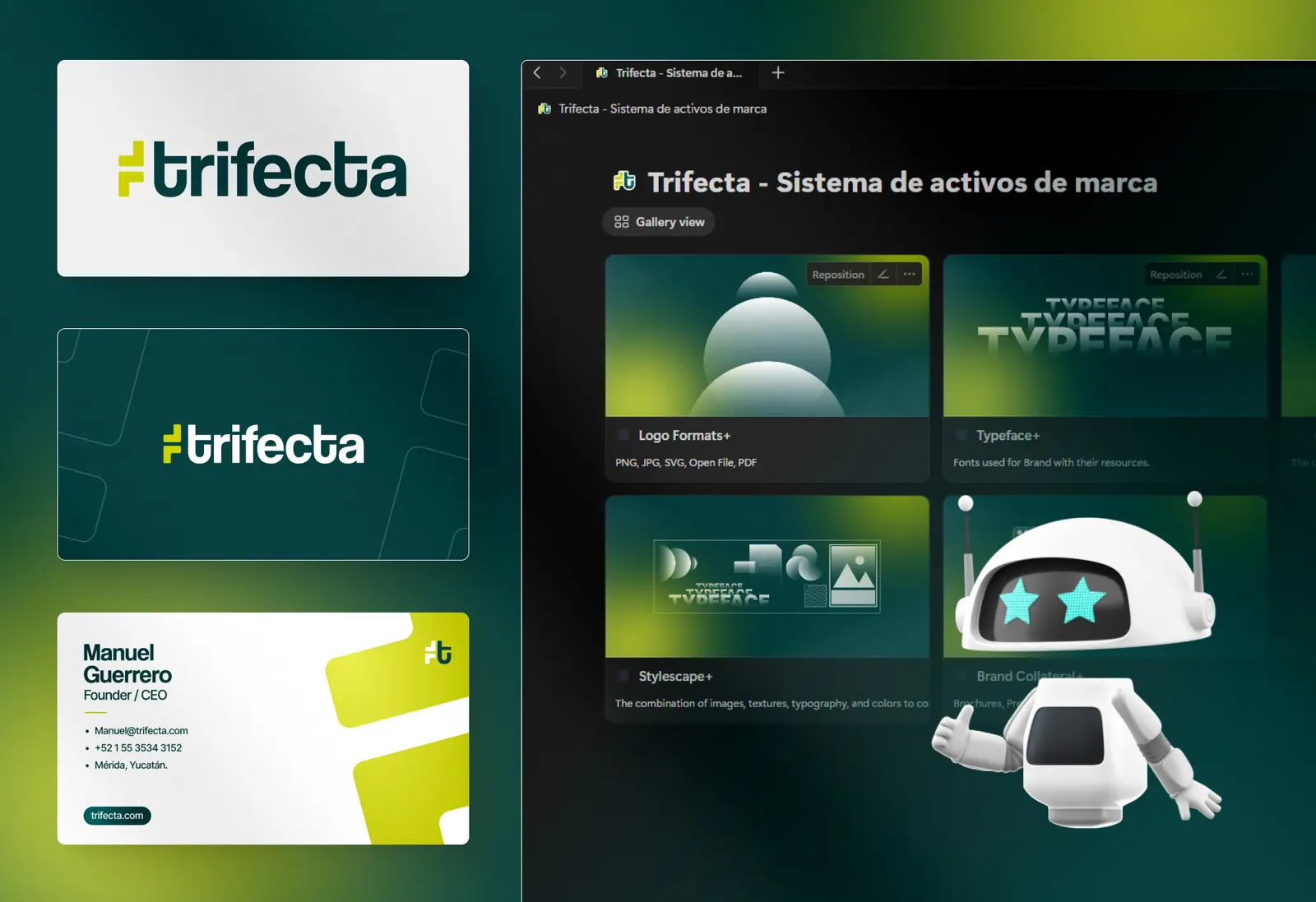 Tarjetas de presentación y logotipo de Trifecta junto a su sistema de activos de marca en Notion.