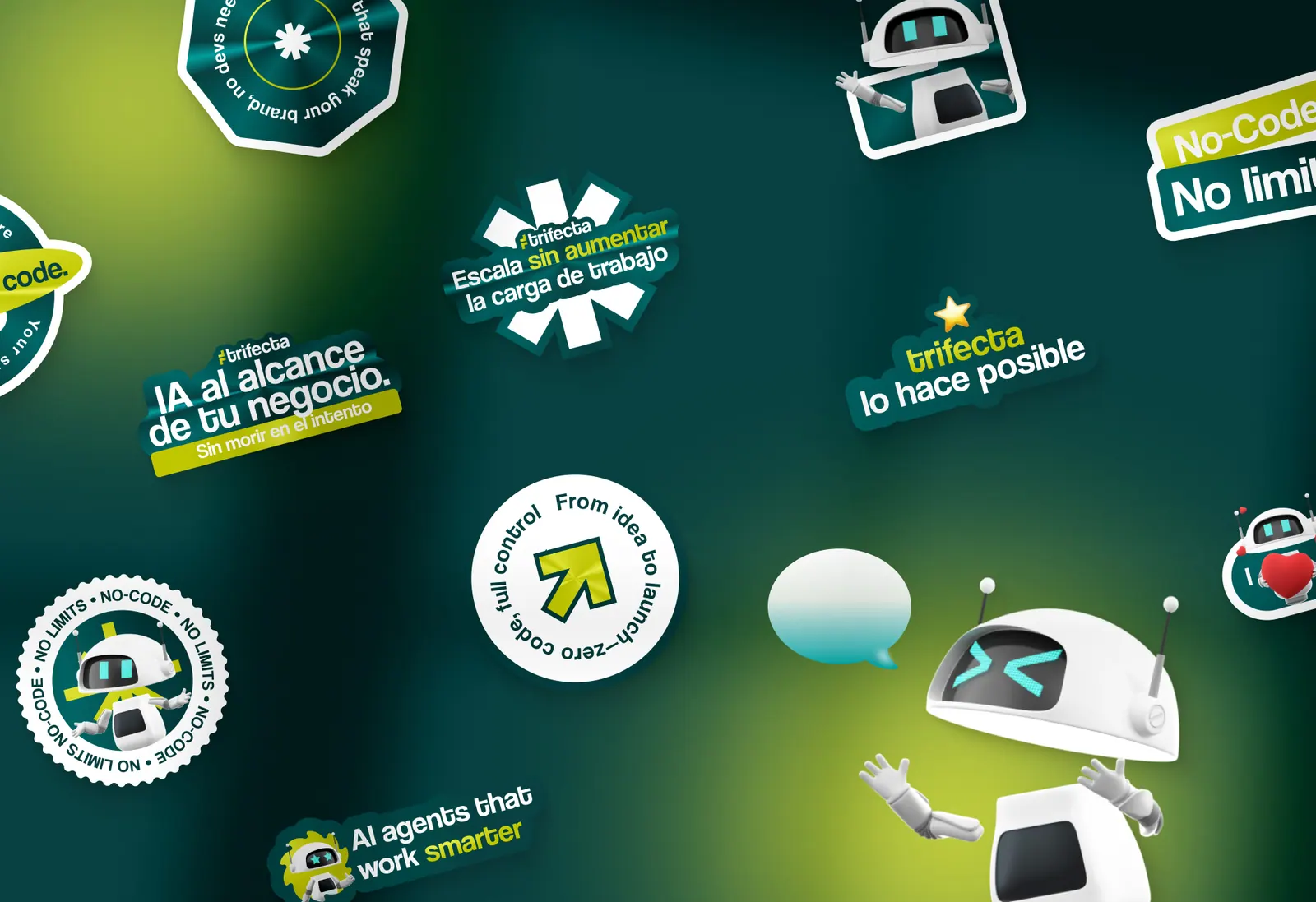 Stickers y piezas gráficas de la marca Trifecta con su robot mascota y mensajes sobre no-code e IA.