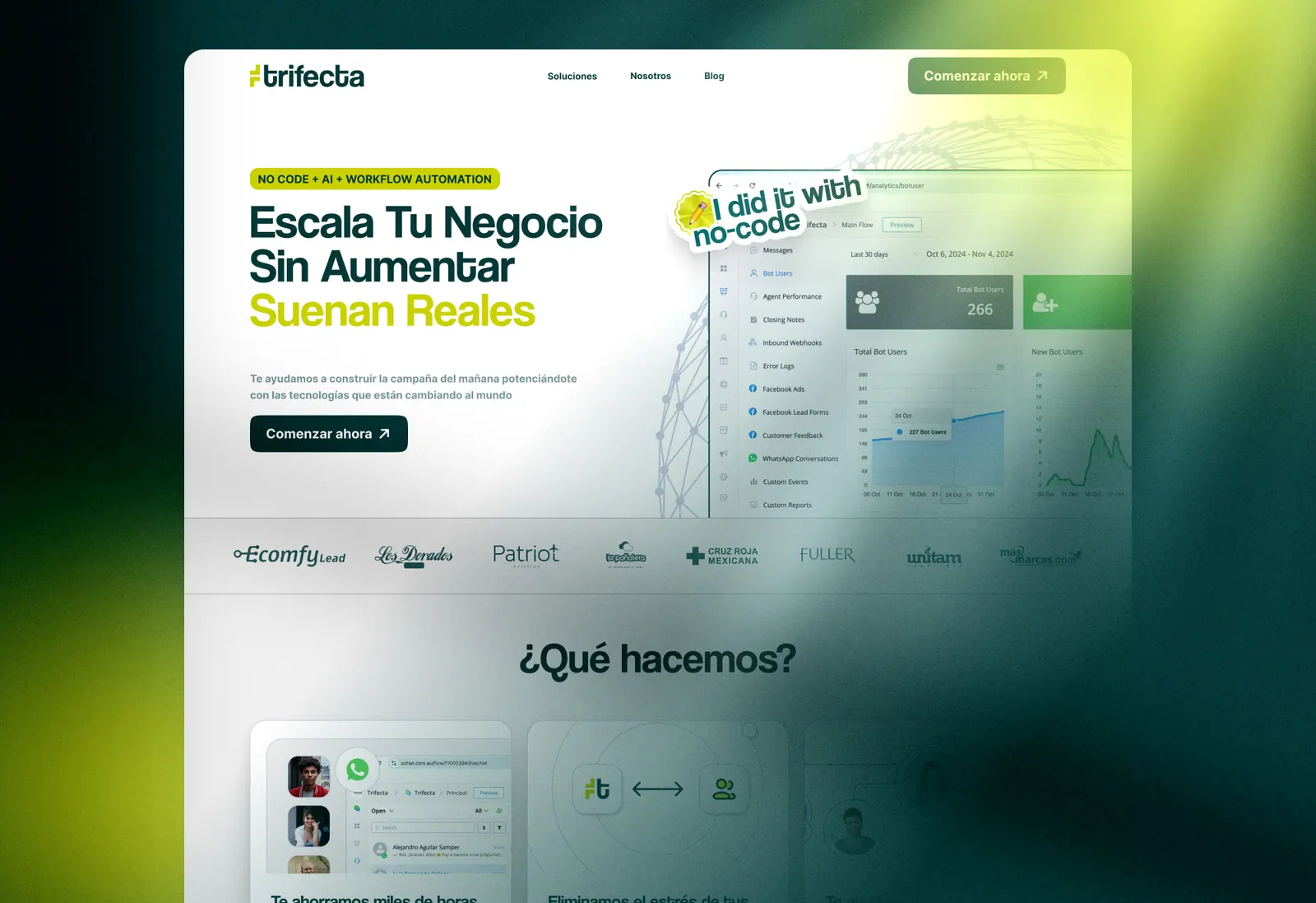 Sitio web de Trifecta: portada con el mensaje «Escala tu negocio» y un panel de métricas sobre fondo verde degradado.