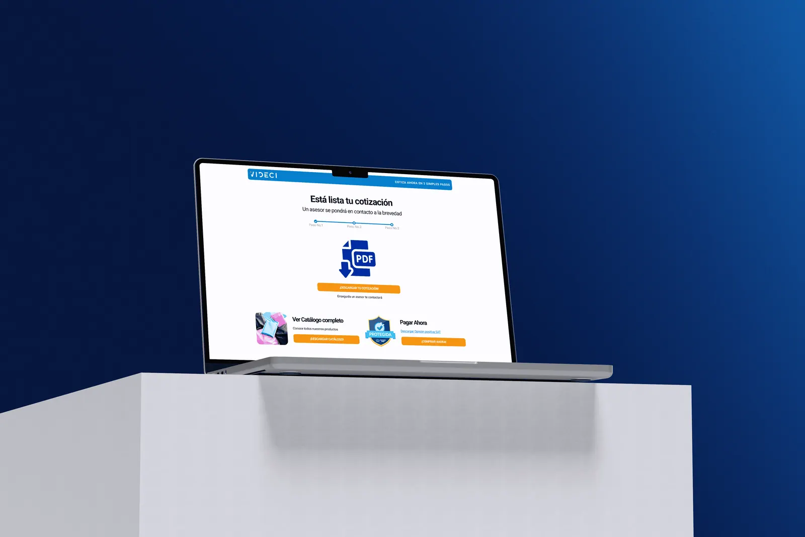 Laptop con la pantalla final «Está lista tu cotización» del cotizador de Videci.